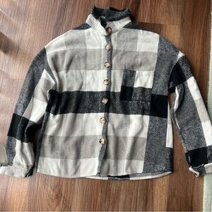 Grey and white button-up flannel.